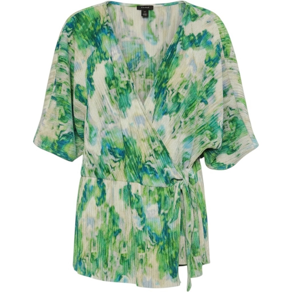 Halogen Surplice Kimono Sleeve‎ Wrap Blouse XXL Tropical Green Abstract Pleated